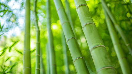 Fototapeta premium The serene Arashiyama Bamboo Grove in Kyoto, Japan, with towering bamboo stalks creating a green canopy under soft morning light.