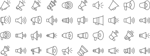 Collection of Loud Speaker Related Line Icons. Outline Signs for Graphic and Web Design, Apps, Adverts, Various Cards