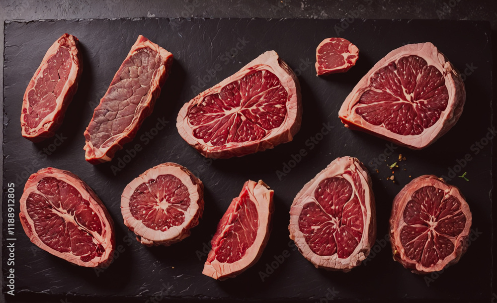 Poster slab of meat with a variety of cuts including a steak and a grapefruit. the meat is displayed on a b