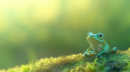 Serene Green Frog on Mossy Ground in Sunlight Peaceful Amphibian Nature Photography