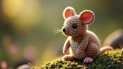 realistic highly detailed crochet of a mouse with a nature background