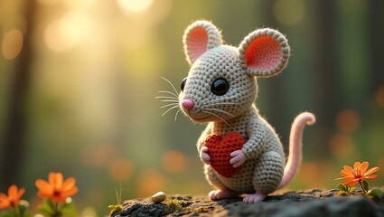 Obraz premium realistic highly detailed crochet of a mouse with a nature background