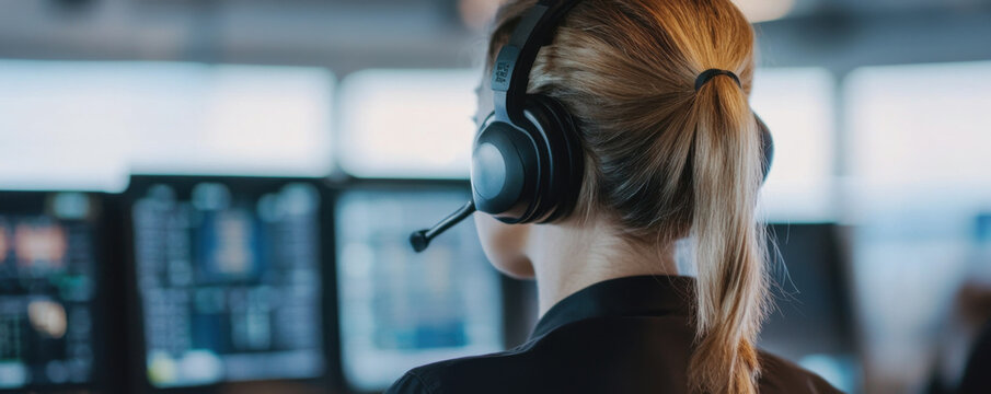 woman with headset is focused on air traffic control screens, ensuring safe operations. Her concentration highlights importance of communication in aviation