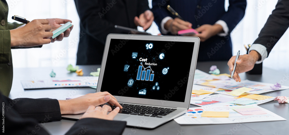 Poster cost reduction, cost saving concept shown on computer screen brisk, corporate business efficiently s
