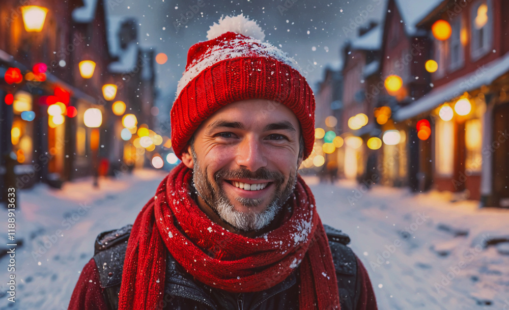 Poster man wearing a red hat and scarf is smiling. he is standing in the snow. there are several other peop