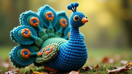 Obraz premium realistic highly detailed crochet of a peacock with a nature background