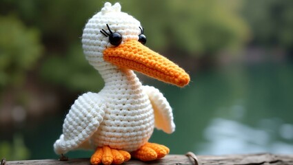 realistic highly detailed crochet of a pelican with a nature background