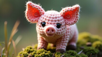 Obraz premium realistic highly detailed crochet of a pig with a nature background