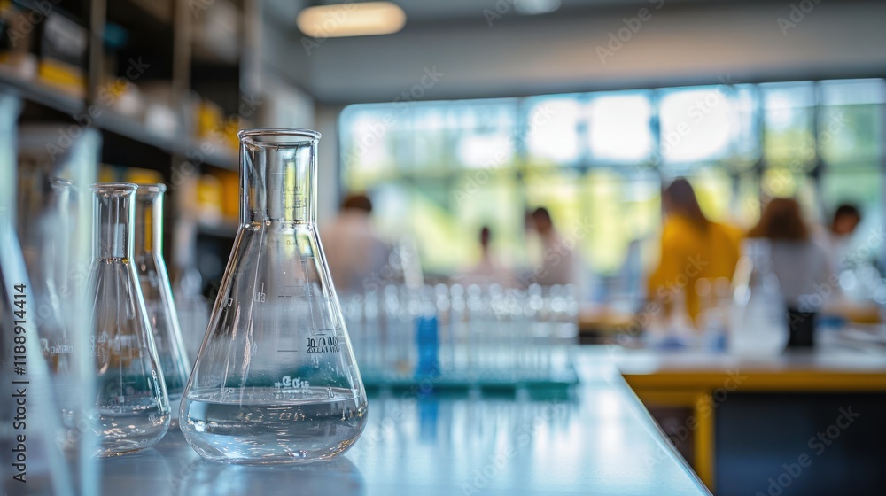 Poster erlenmeyer flasks on lab counter, scientists blurred background.