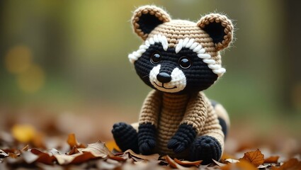 realistic highly detailed crochet of a raccoon with a nature background