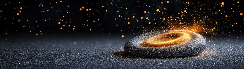 Abstract glowing stone on dark background with sparkling dust and luminous particles around