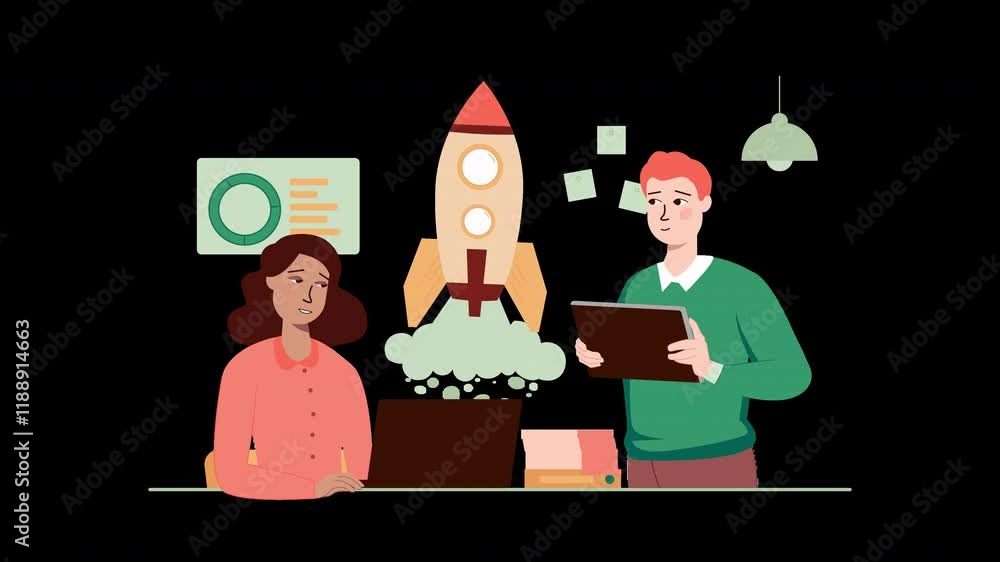 Poster a diverse team discussing a rocket launch concept in a modern office setting.