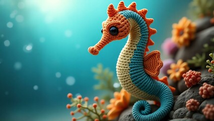 Fototapeta premium realistic highly detailed crochet of a seahorse with a nature background