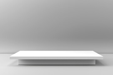 Front view of a simple, white promotional stand against a grey background.