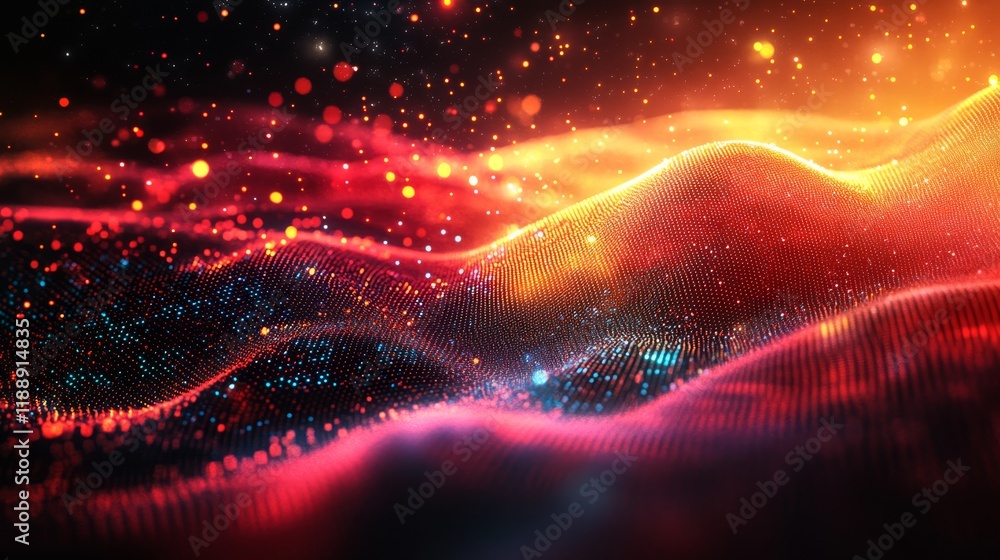 Poster abstract digital landscape with glowing particles and wavy terrain, a dynamic fusion of technology a