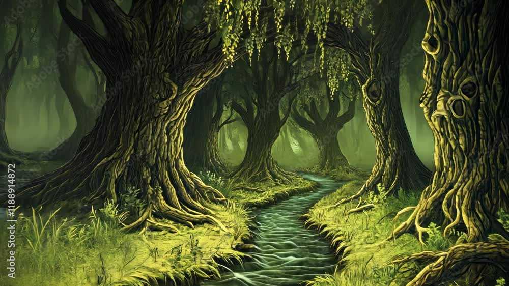 Aufkleber mysterious forest with a winding stream surrounded by ancient trees and lush greenery