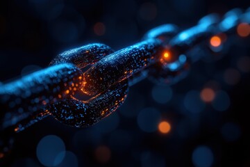 Digital representation of a glowing chain link in a futuristic setting highlighting connectivity and technology innovations