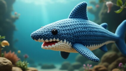 realistic highly detailed crochet of a shark with a nature background