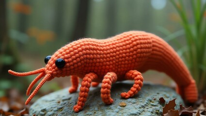 realistic highly detailed crochet of a shrimp with a nature background