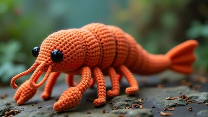 realistic highly detailed crochet of a shrimp with a nature background