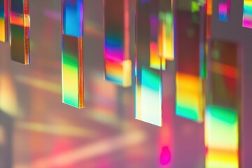 Colorful light reflections created by hanging prisms in a bright indoor environment during daytime