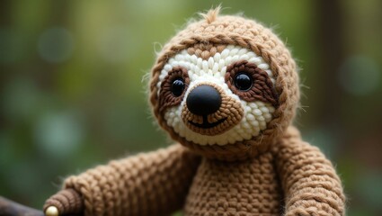 realistic highly detailed crochet of a sloth with a nature background