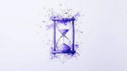 A serene watercolor painting of hourglass with purple splashes, symbolizing time