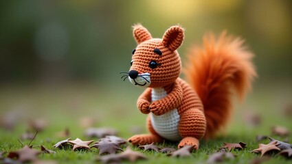 realistic highly detailed crochet of a squirrel with a nature background
