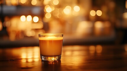 Professional espresso machine brews fresh coffee in glass cup on walnut wood surface, capturing rich crema and coffee shop atmosphere with warm ambient lighting effects.