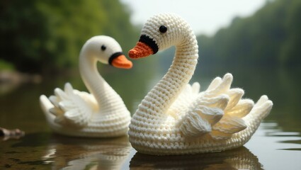 Obraz premium realistic highly detailed crochet of a swan with a nature background