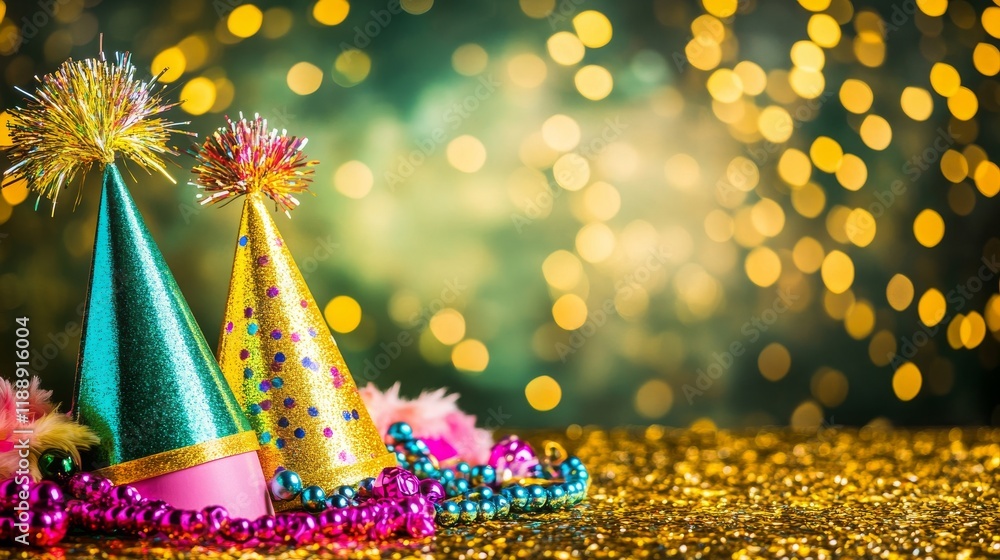 Poster colorful party hats and festive decorations on a sparkling table with soft bokeh background for cele