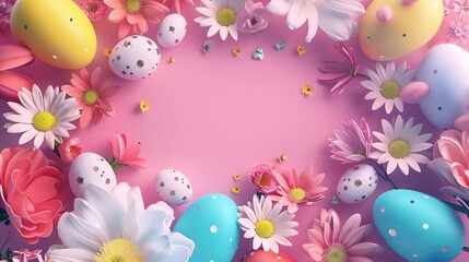 Vibrant 3d easter banner featuring decorated eggs, playful bunnies, and blooming flowers