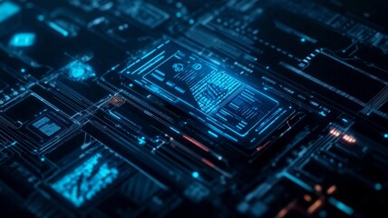 A Futuristic digital interface with glowing circuits and data display