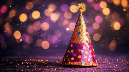 Colorful Party Hat with Glitter and Confetti on a Blurred Background of Lights Perfect for Celebrations, Birthdays, and Festive Occasions