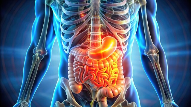 High-depth medical image reveals digestive system infection, inflammation, and injury causing abdominal pain.