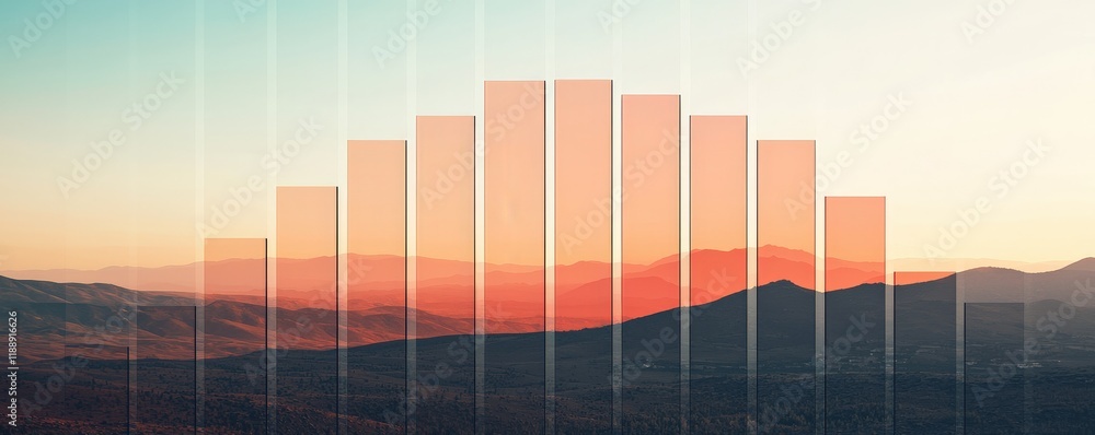 Poster spending expenses forecast concept. sunset over mountains with stylized vertical bars creating a vis