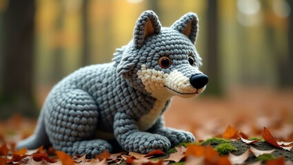 Obraz premium realistic highly detailed crochet of a wolf with a nature background