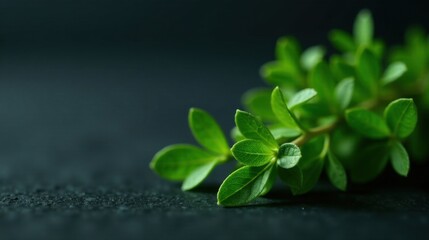 Vibrant Green Sprig of Fresh Foliage on Dark Background, Detailed Close-Up Shot Showcasing Lush Texture and Natural Beauty