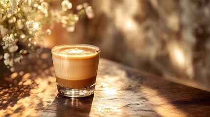Professional espresso machine brews fresh coffee in glass cup on walnut wood surface, capturing rich crema and coffee shop atmosphere with warm ambient lighting effects.