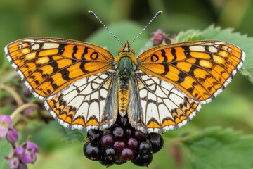Obraz premium Colorful butterfly resting on ripe blackberries in a lush garden during sunny daylight
