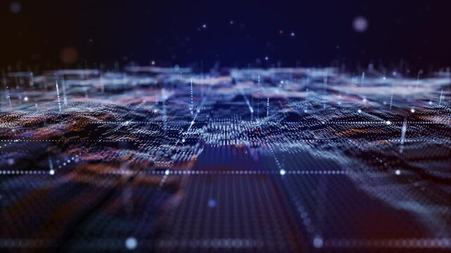 Flying through futuristic digital geology terrain, digital data telemetry and engineer topography with contour lines. 3D wireframe cartography concept.