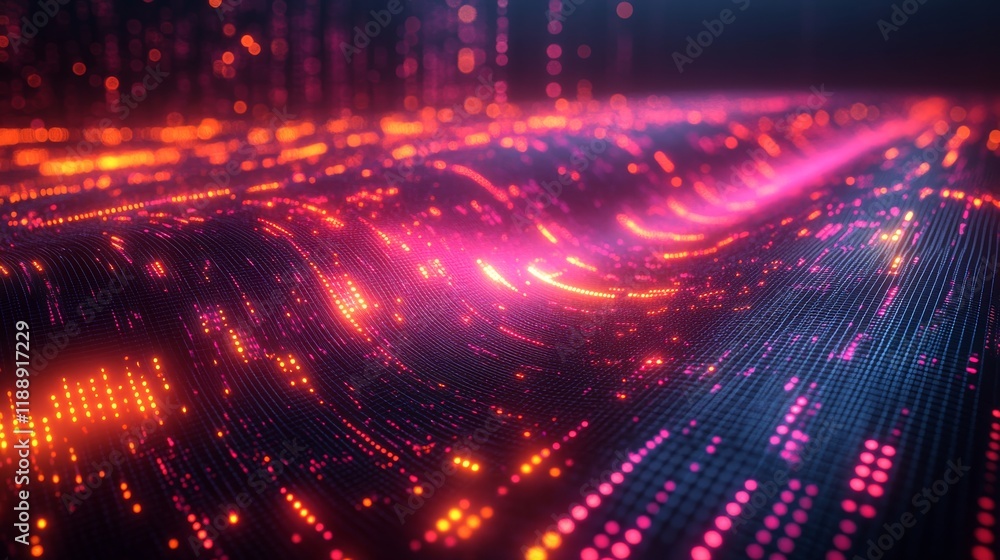 Poster glowing data stream of wavy pattern in reddish pink and orange colors, abstract illustration of tech