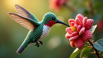 Obraz premium realistic highly detailed crochet of a hummingbird wi with a nature background