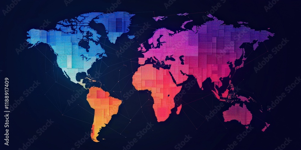 Aufkleber spending expenses forecast concept. digital world map with a colorful pixelated design on a dark bac