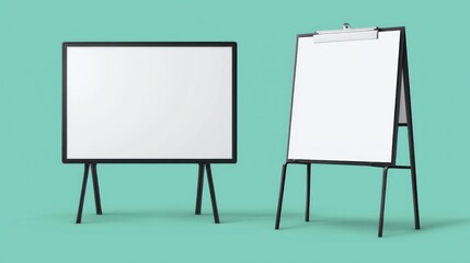3D vector icons including blank whiteboard, flip chart, and black stand for business ads.