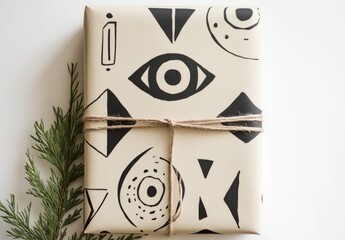 A set of two wrapping paper designs with a simple, boho pattern featuring an owl eye and geometric shapes in neutral tones like beige or black.