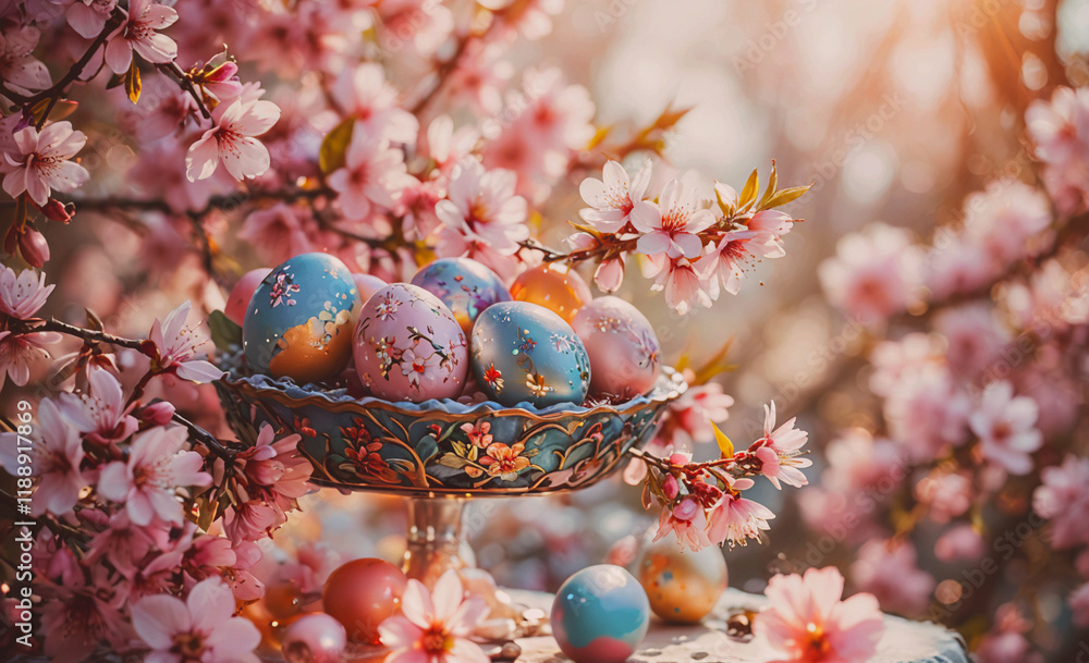 Aufkleber Bowl of eggs is sitting on a table next to a tree with pink flowers. The eggs are of different colors and sizes