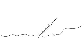 Vaccine and syringe continuous one line art drawing and vaccine icon simple vector illustration