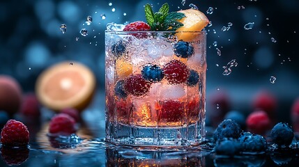 Refreshing Berry Peach Cocktail with Ice and Mint