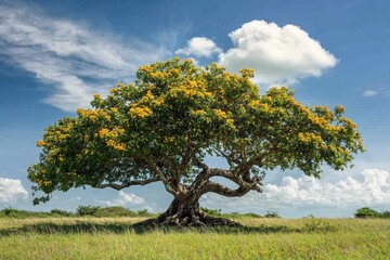 Vibrant flowering tree stands majestically in open grassland under a bright blue sky with fluffy clouds